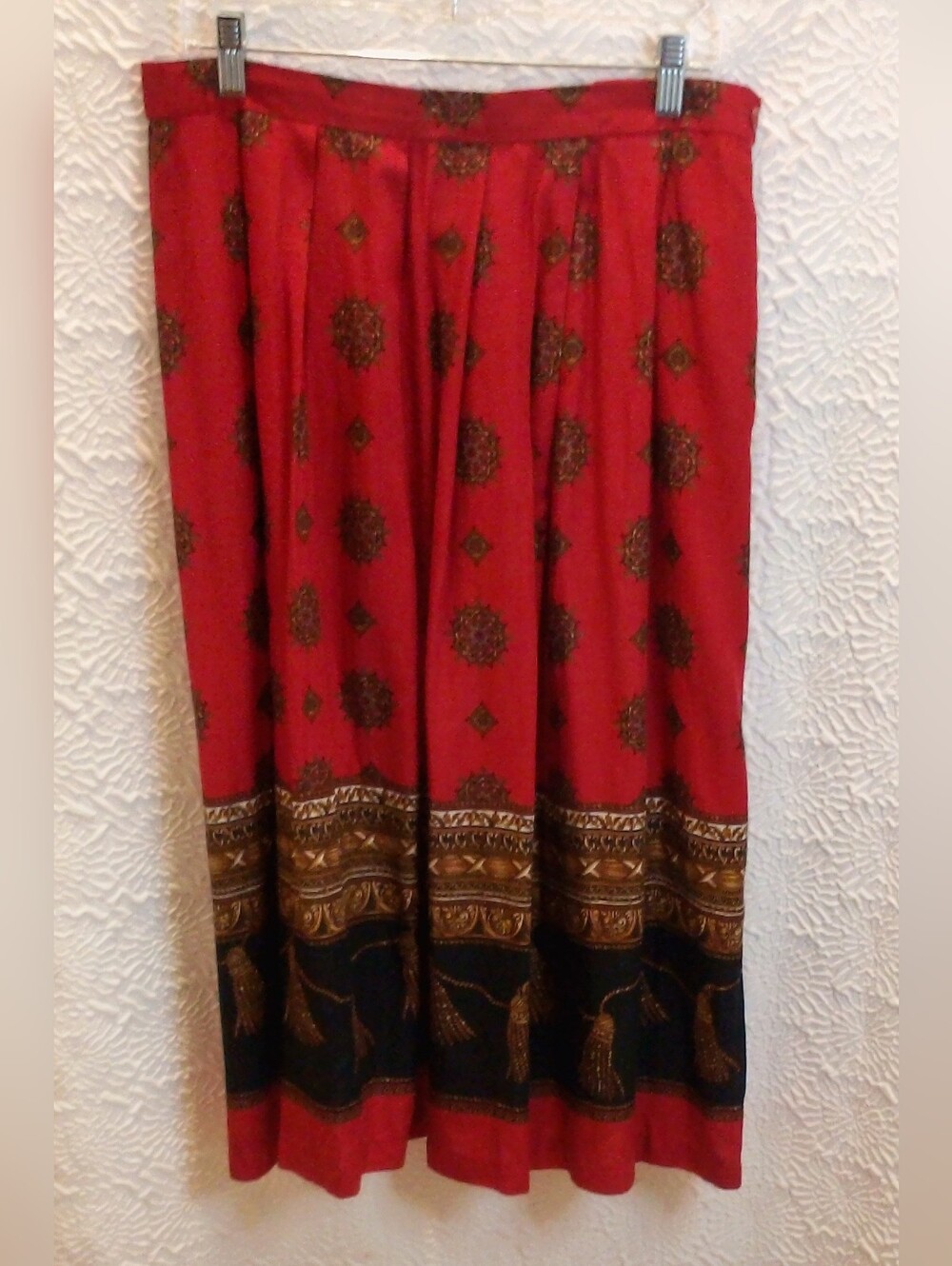 Vintage Koret Red Rayon Border Print Boho Midi Skirt Size 16